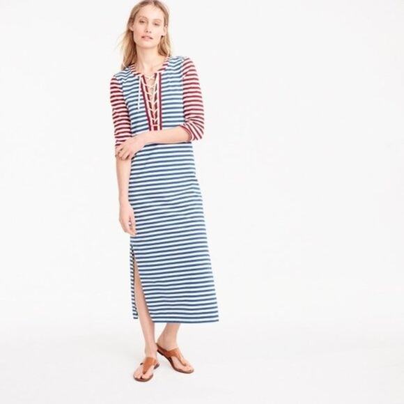J. Crew Dress Womens XXS Maxi Lace Up Sammie Striped Baltic Nautical Cotton Blue - Picture 2 of 5
